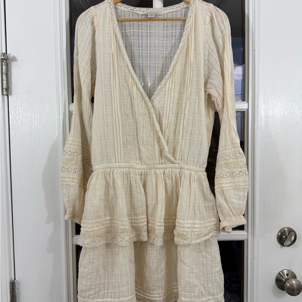 American Eagle cross front cream lace trimmed boho mini dress in a sz L